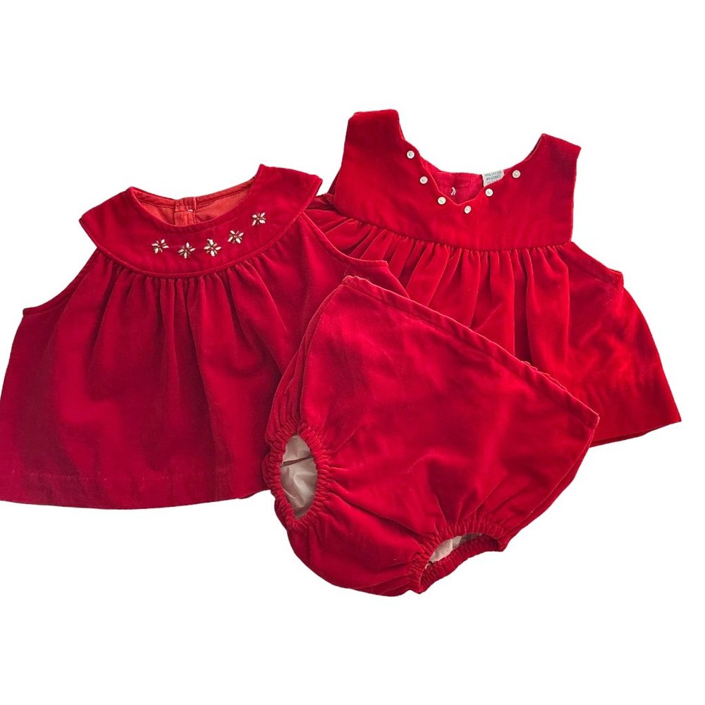 3 Pc. Lot Sz Medium 6 - 9 Months Red Velveteen Romper Diaper Covers Set